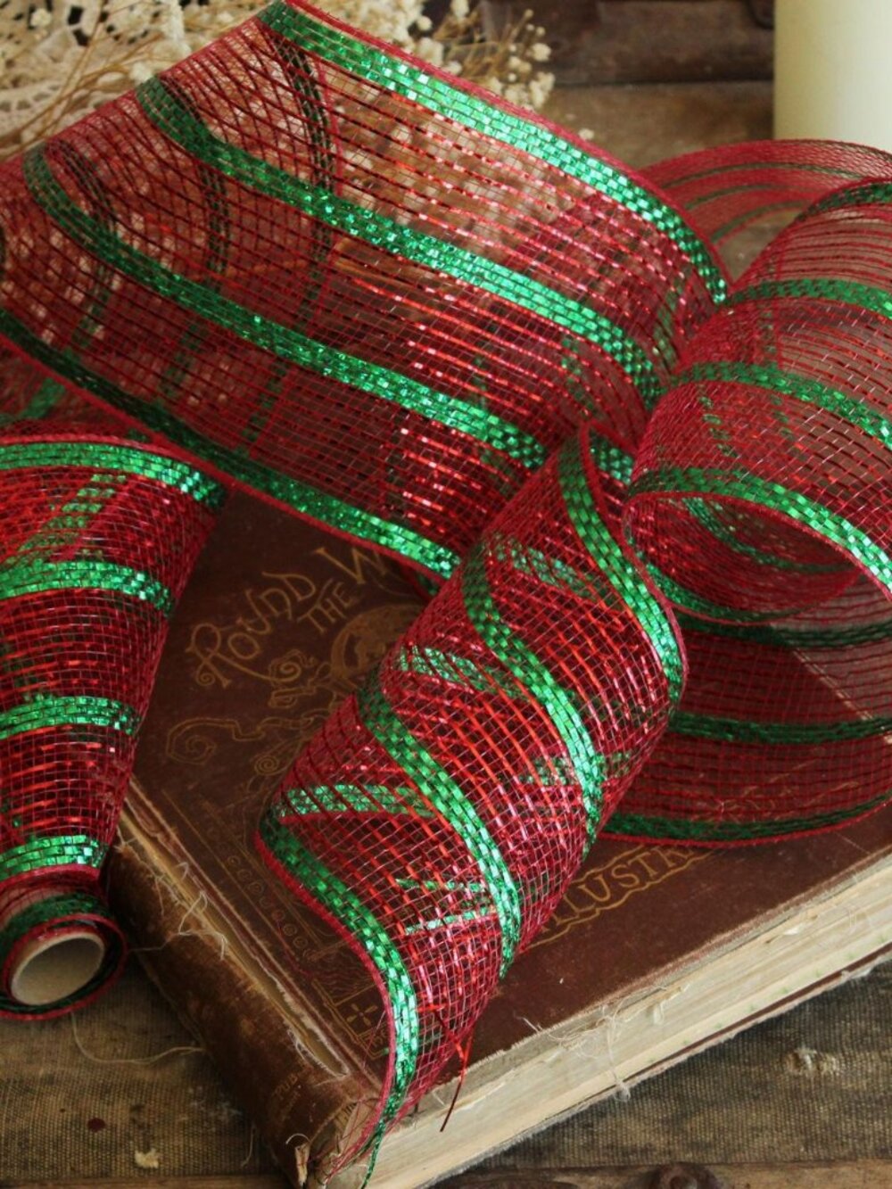 Holiday Deco Mesh Ribbon, Red and Green, 5.5" Wide 10 Yards, Wreath Making